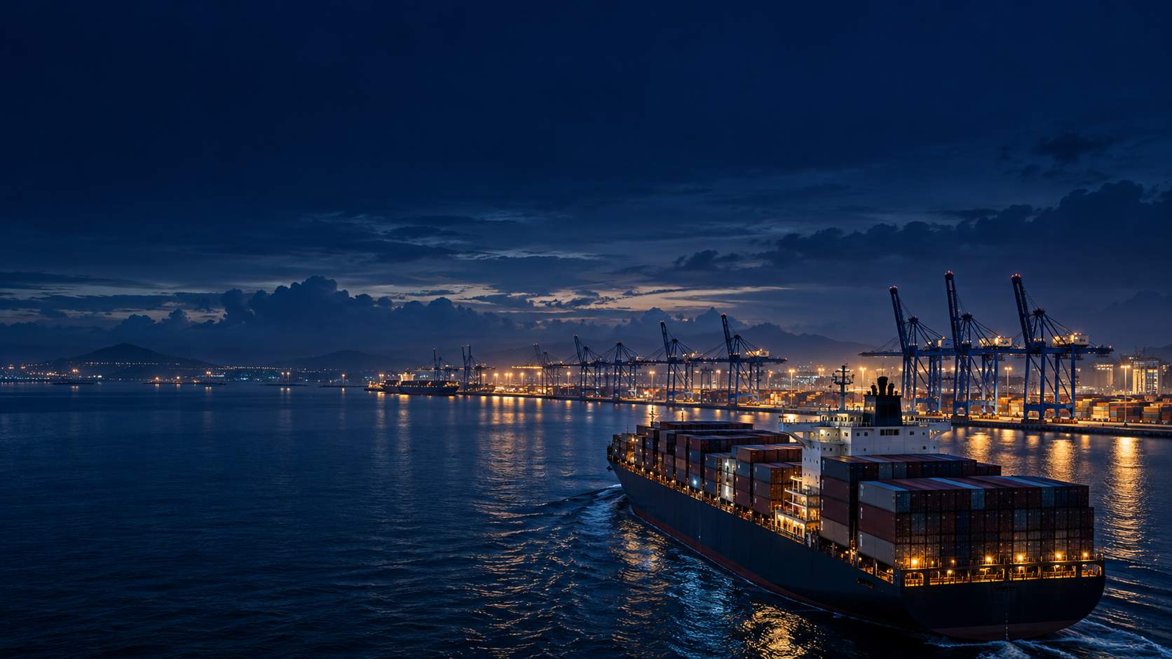 Imagen conceptual de un buque portacontenedores junto a una terminal marítima al anochecer.