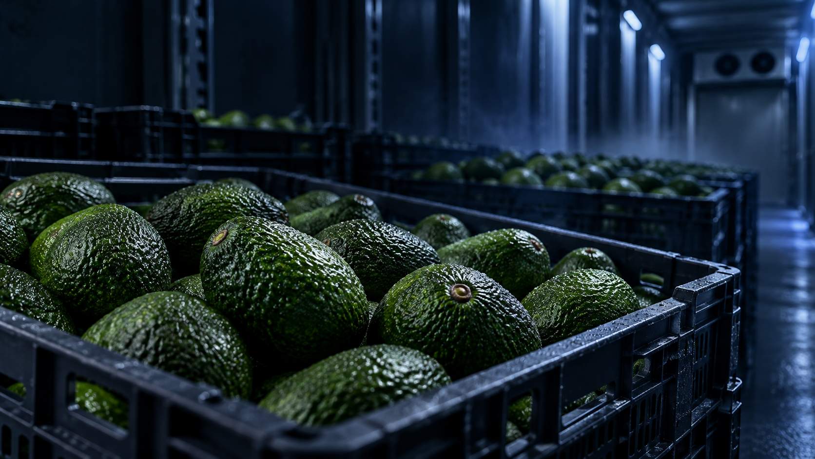 Imagen conceptual de aguacates preparados para su transporte en un entorno refrigerado.